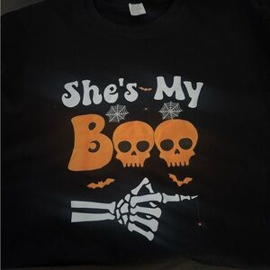 Halloween Spooky Skull “ She’s My Boo” men shirt with Skelton hand and bats